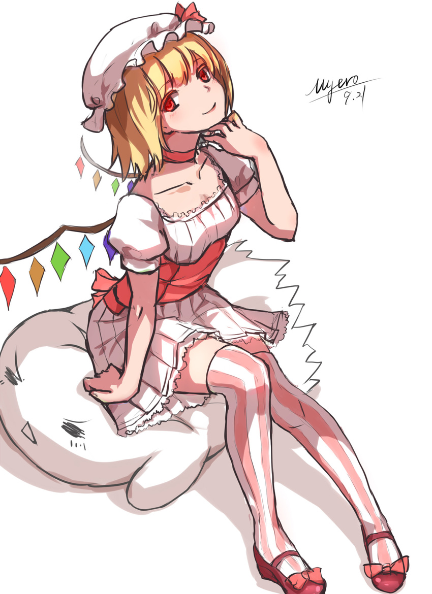 alternate_costume artist_name blonde_hair choker dated dress flandre_scarlet full_body hat highres looking_at_viewer mary_janes myero red_eyes shoes short_hair signature simple_background sitting sketch smile solo striped striped_legwear thighhighs touhou vertical-striped_legwear vertical_stripes white_background wings zettai_ryouiki