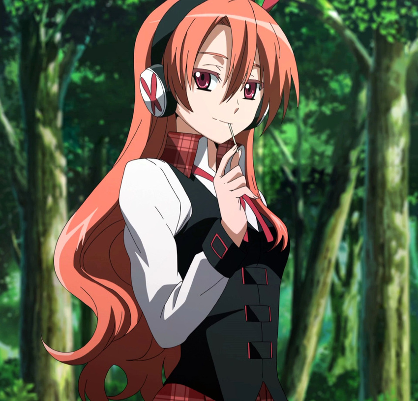 1girl akame_ga_kill! brown_hair candy chelsea_(akame_ga_kill!) highres lollipop long_hair smile solo standing stitched