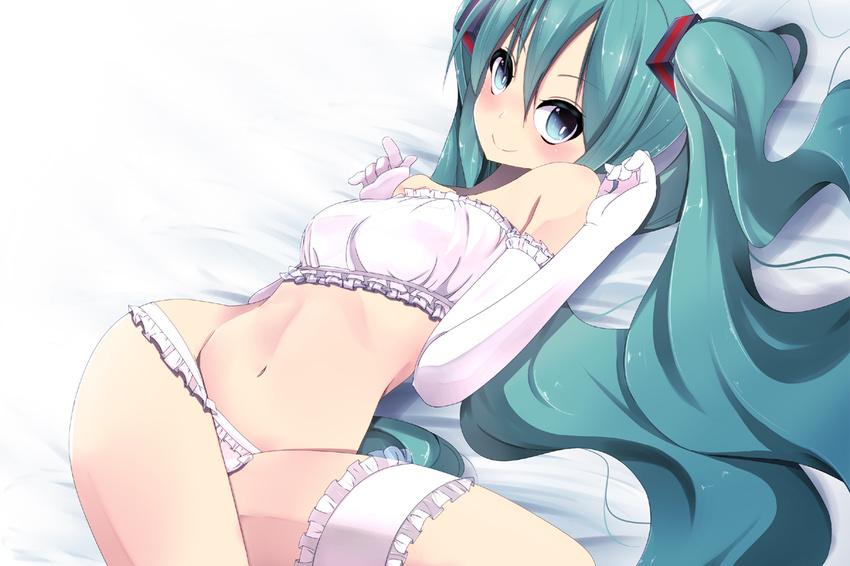 aqua_eyes aqua_hair blush cinderella_bust elbow_gloves gloves hatsune_miku leg_garter long_hair looking_at_viewer lying on_back panties pon_(shind_997) smile solo twintails underwear very_long_hair vocaloid