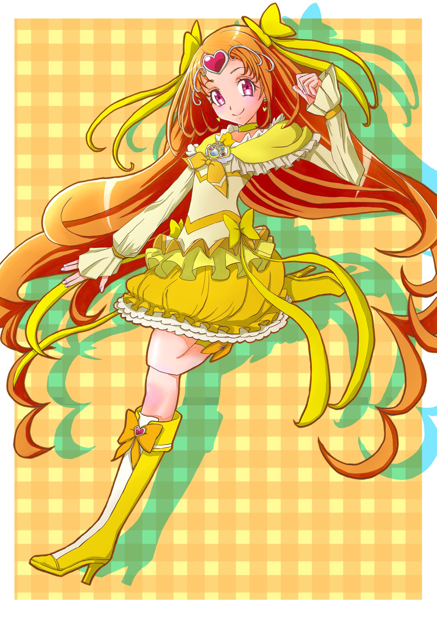 absurdres amawa_kazuhiro boots bow bubble_skirt choker cure_muse_(yellow) dress earrings eyelashes frilled_skirt frills hair_ornament hair_ribbon happy heart high_heel_boots high_heels highres jewelry knee_boots kneehighs long_hair looking_at_viewer magical_girl orange_hair pink_eyes precure ribbon shirabe_ako skirt smile solo standing suite_precure tiara very_long_hair yellow_bow yellow_choker yellow_dress yellow_skirt
