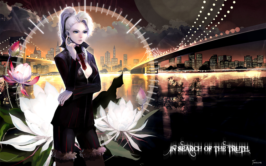 aralez boots breasts bridge chou_shittou_caduceus city cleavage earrings flower formal fur highres hoop_earrings hospital_rokunin_no_ishi jewelry large_breasts lips mira_kimishima ponytail silver_hair sky solo suit thigh_boots thighhighs wallpaper