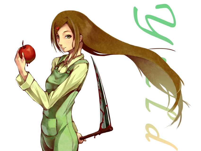 apple blood brown_hair elysion foge food fruit green_eyes highres holding holding_food holding_fruit long_hair overalls scythe solo sound_horizon yield