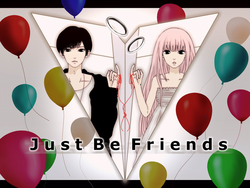 1girl bad_id bad_pixiv_id balloon black_eyes black_hair ichiya jewelry just_be_friends_(vocaloid) long_hair megurine_luka paper_airplane pink_hair pinky_out red_string ring string vocaloid