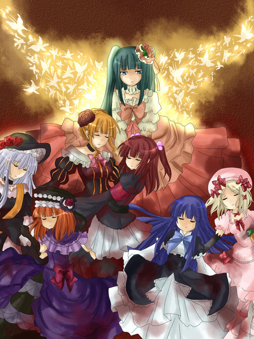 armband bad_id bad_pixiv_id beatrice blonde_hair blue_eyes blue_hair bow choker closed_eyes dress eva_beatrice frederica_bernkastel frills furudo_erika hair_bobbles hair_ornament hat highres lambdadelta marimaru multiple_girls orange_hair pink_bow pink_hat red_hair silver_hair skirt umineko_no_naku_koro_ni ushiromiya_ange virgilia