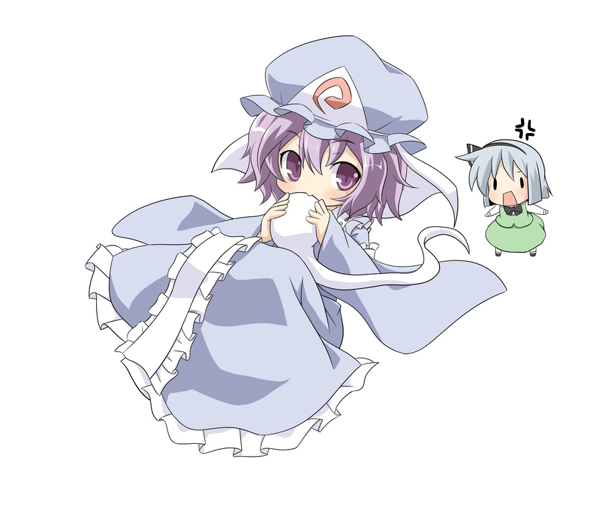 absurdres anger_vein angry bad_id bad_pixiv_id chibi colorized eating hairband hat highres hitodama hujikok konpaku_youmu konpaku_youmu_(ghost) multiple_girls purple_eyes purple_hair saigyouji_yuyuko silver_hair touhou