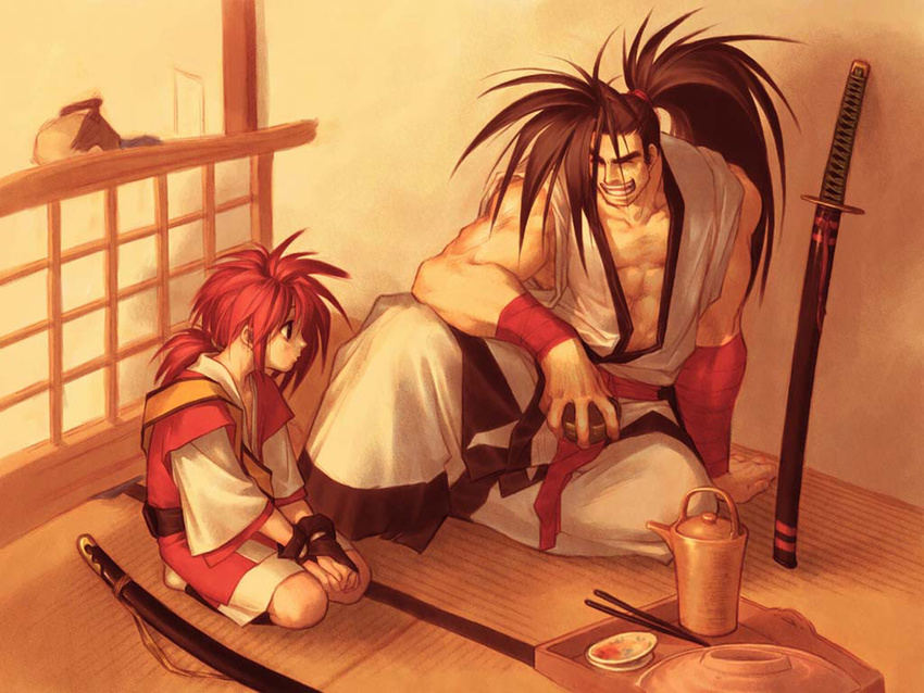 ^_^ abs arm_at_side arm_support arm_wrap black_eyes black_hair black_legwear bridal_gauntlets chest child chopsticks closed_eyes collarbone cup dougi haoumaru happy high_ponytail highres hisame_shizumaru holding holding_cup indoors japanese_clothes jpeg_artifacts katana kita_senri knee_up laughing long_hair looking_at_another low_ponytail male_focus multiple_boys muscle no_shoes official_art own_hands_together pants planted_sword planted_weapon plate ponytail profile red_hair restaurant samurai_spirits sash scan seiza sheath sheathed sitting sleeves_past_elbows sleeves_rolled_up spread_fingers sword tatami teapot tray v_arms wall weapon white_pants