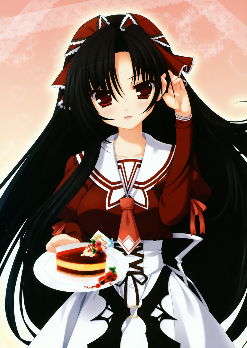 1girl absurdres black_hair cake food highres kuroshiba_kanae long_hair pastry red_eyes solo youta