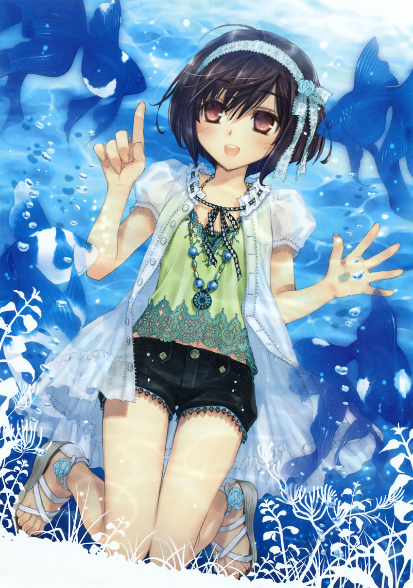 absurdres against_glass ahoge black_hair blouse blush bubble dutch_angle fish fish_tank flower hairband highres kawaku kneeling lace medallion megami megami_creators midriff navel original pink_eyes pointing sandals scan seaweed see-through short_hair shorts smile solo thigh_gap toes underwater