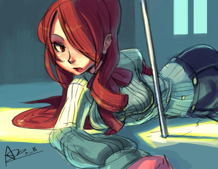 alex_ahad bow hair_over_one_eye kirijou_mitsuru long_hair lying on_side persona persona_3 red_eyes red_hair signature sketch solo sweater