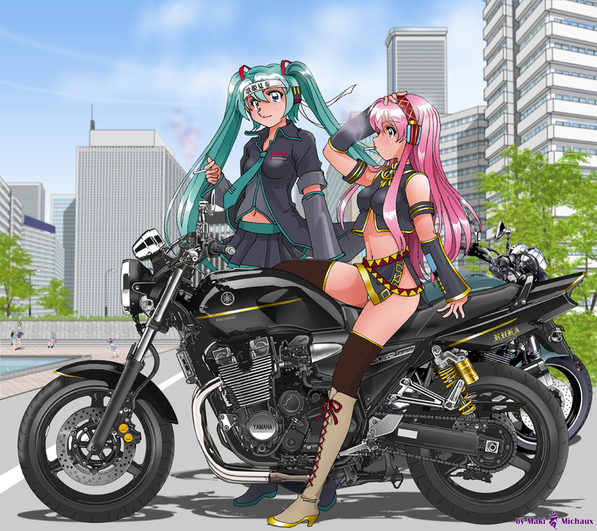 aqua_eyes aqua_hair blue_eyes boots cigarette cityscape cross-laced_footwear detached_sleeves ground_vehicle hatsune_miku headphones high_heels legs long_hair long_legs maki_michaux megurine_luka midriff motor_vehicle motorcycle multiple_girls navel pink_hair shoes skirt smoking thighhighs thighs twintails vocaloid zettai_ryouiki