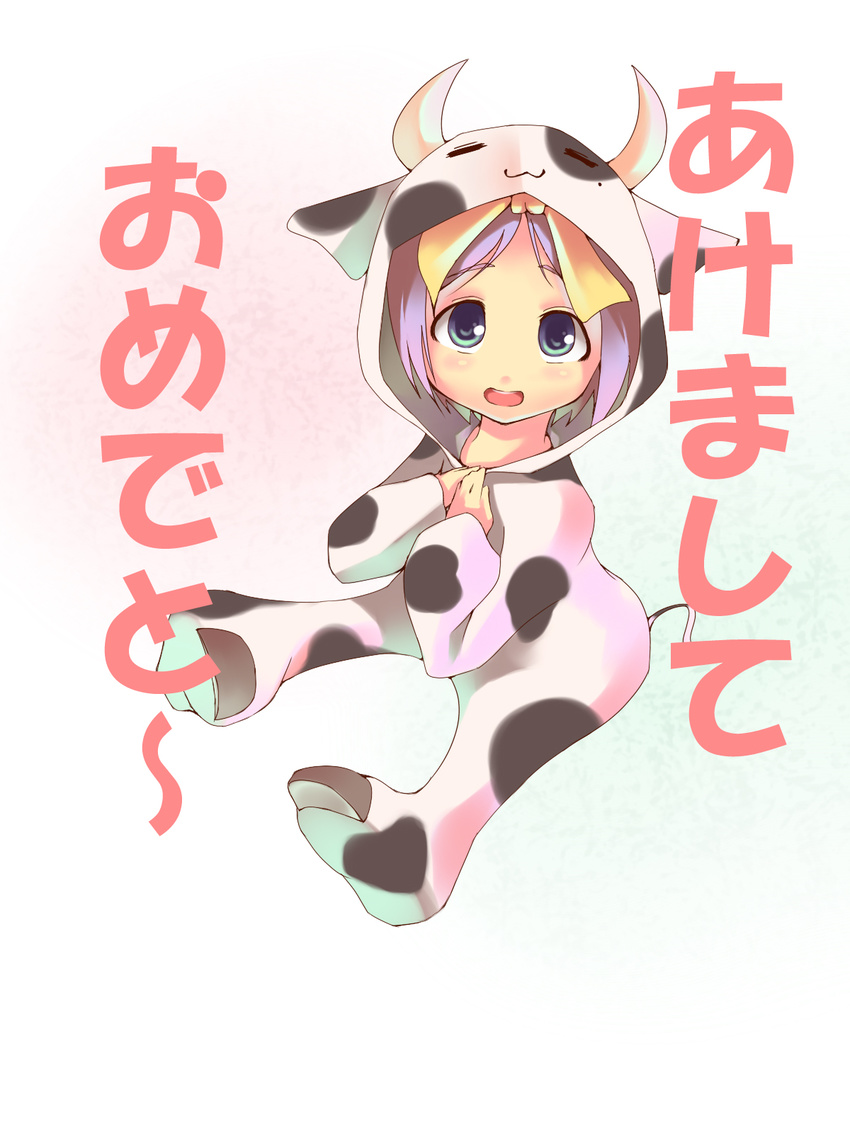 :3 akeome animal_costume animal_print bow cow_costume cow_print foge hair_bow happy_new_year highres hiiragi_tsukasa lucky_star mole mole_under_eye new_year purple_hair short_hair solo