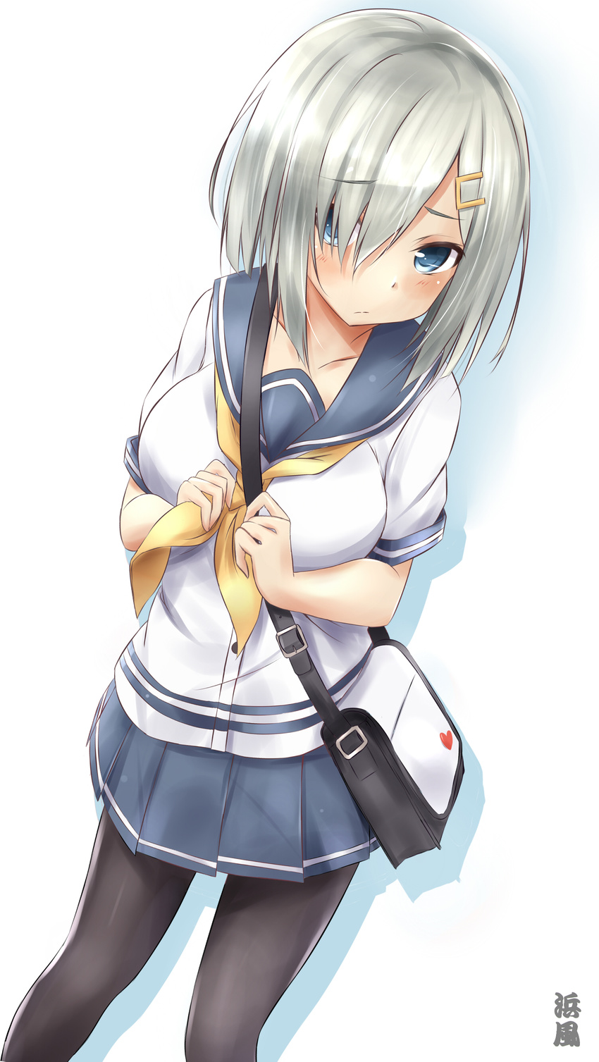 absurdres bag black_legwear blue_eyes blush breasts character_name hair_ornament hair_over_one_eye hairclip hamakaze_(kantai_collection) highres kantai_collection large_breasts looking_at_viewer md5_mismatch pantyhose saku_(kudrove) school_uniform searchlight serafuku short_hair short_sleeves shoulder_bag silver_hair skirt solo white_background