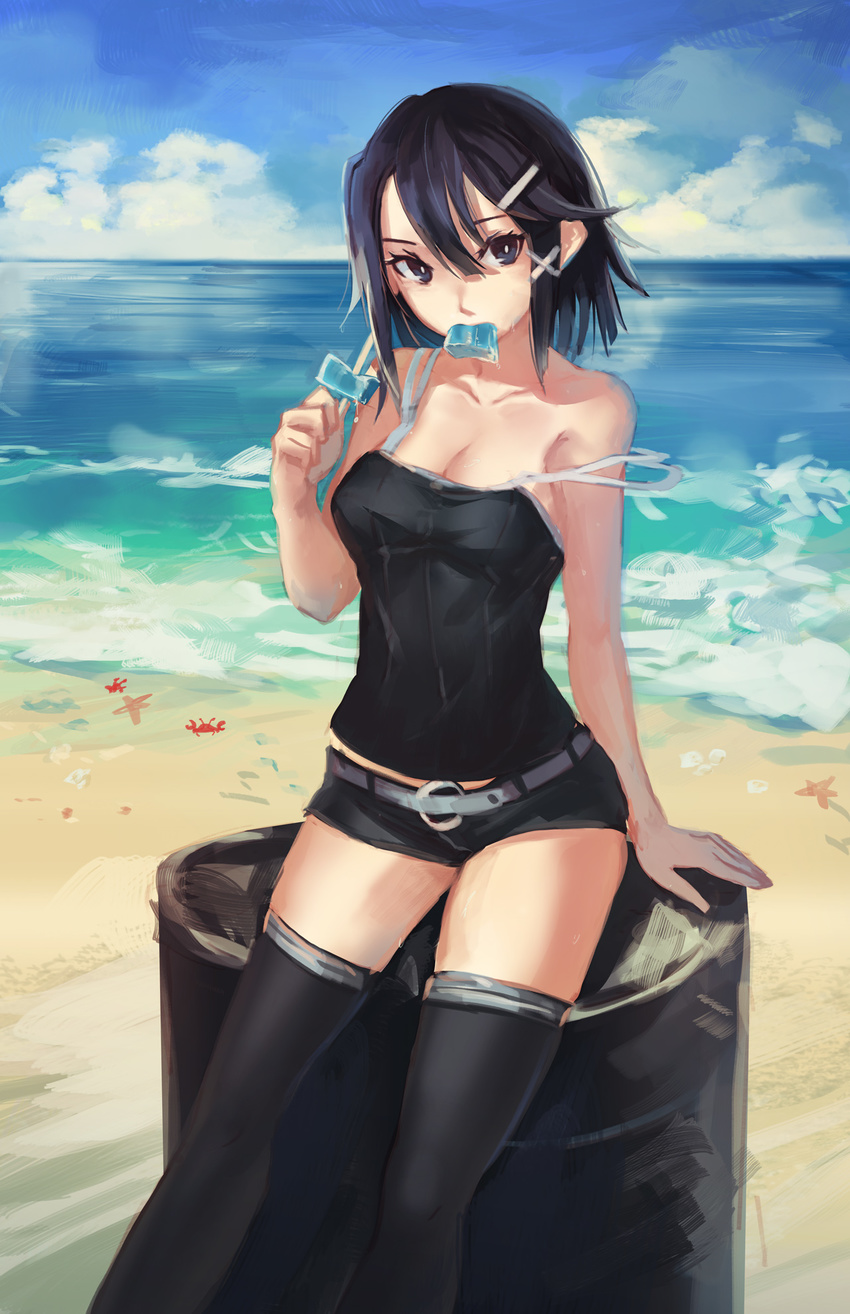 arm_support asagiri_asagi bad_id bad_pixiv_id bare_shoulders beach black_eyes black_hair breasts camisole cleavage crab day food food_in_mouth hair_between_eyes hair_ornament hairclip highres looking_at_viewer medium_breasts mouth_hold nippon_ichi ocean phantom_kingdom popsicle saimon_ma short_shorts shorts sitting solo strap_slip thighhighs