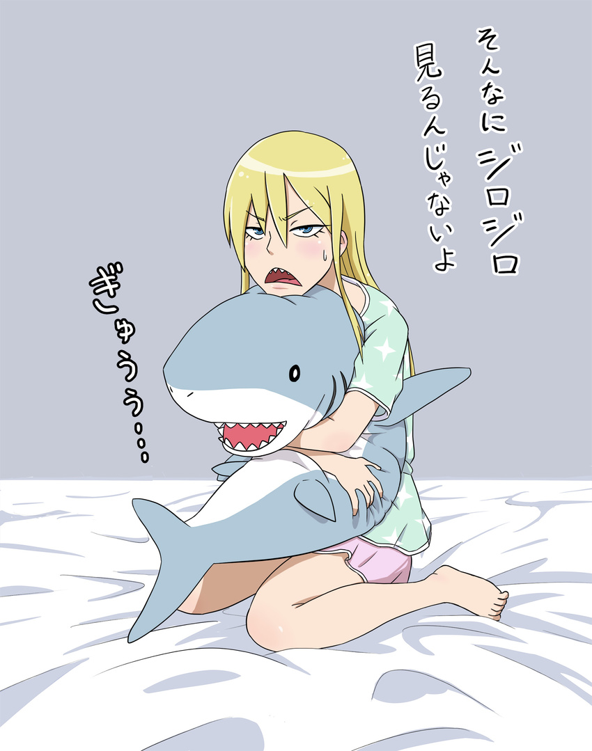 alternate_hairstyle azinori123 barefoot blonde_hair blue_eyes hair_down hakodate_omiko highres hug kill_la_kill pajamas sharp_teeth sitting solo stuffed_animal stuffed_shark stuffed_toy teeth translated wariza