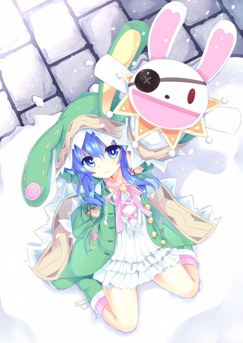 animal_hood blue_eyes blue_hair boots bunny_hood date_a_live dress east01_06 frilled_dress frills from_above green_footwear highres hood looking_at_viewer sitting smile snowing solo stuffed_animal stuffed_bunny stuffed_toy white_dress yoshino_(date_a_live) yoshinon