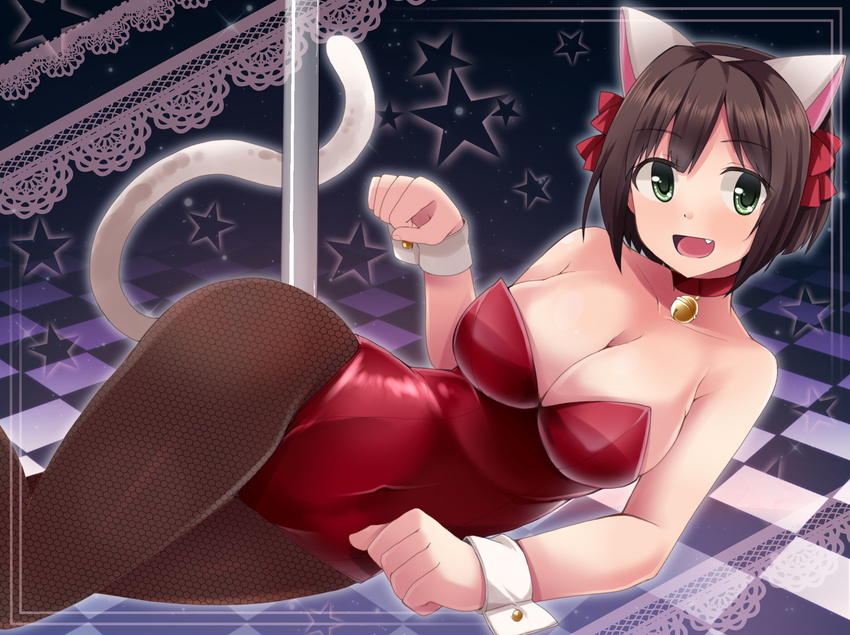 :d animal_ears bell bell_collar brown_legwear cat_ears cat_tail checkered checkered_floor collar fake_animal_ears fang fishnet_pantyhose fishnets green_eyes hair_ribbon highres idolmaster idolmaster_cinderella_girls jingle_bell kittysuit lace_background leotard lying maekawa_miku on_side open_mouth pantyhose paw_pose red_leotard ribbon short_hair smile solo star tail wrist_cuffs yunodon_(sugar_maple)