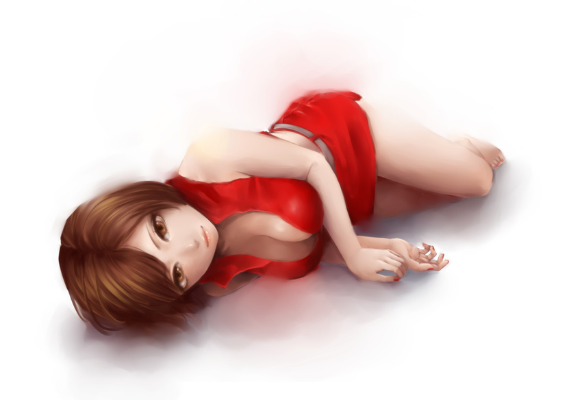barefoot belt breasts brown_eyes brown_hair cleavage commentary_request downblouse full_body large_breasts lips looking_at_viewer lying meiko miniskirt murasaki_(ekyu) nail_polish on_side red_nails red_shirt red_skirt shirt short_hair simple_background skirt sleeveless sleeveless_shirt solo toenail_polish vocaloid white_background