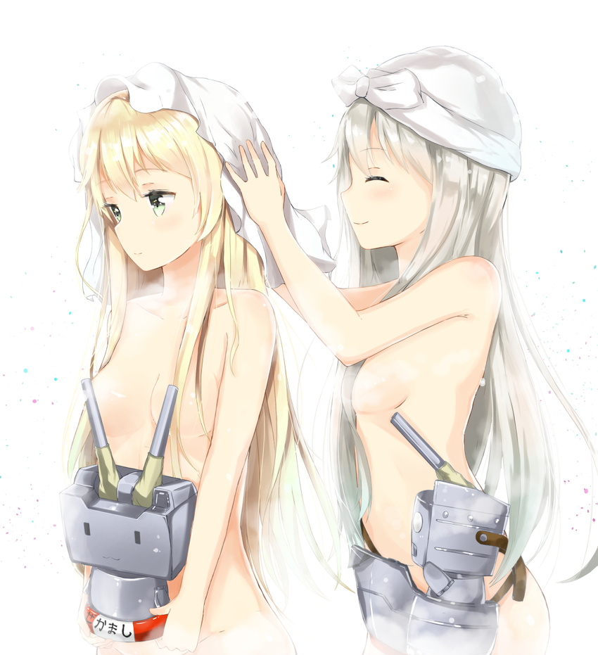 :3 after_bath amatsukaze_(kantai_collection) bad_id bad_pixiv_id blonde_hair breasts closed_eyes convenient_censoring drying drying_hair green_eyes hair_censor highres kantai_collection konka long_hair multiple_girls nude rensouhou-chan rensouhou-kun shimakaze_(kantai_collection) silver_hair simple_background small_breasts smile steam towel towel_on_head white_background white_towel |_|