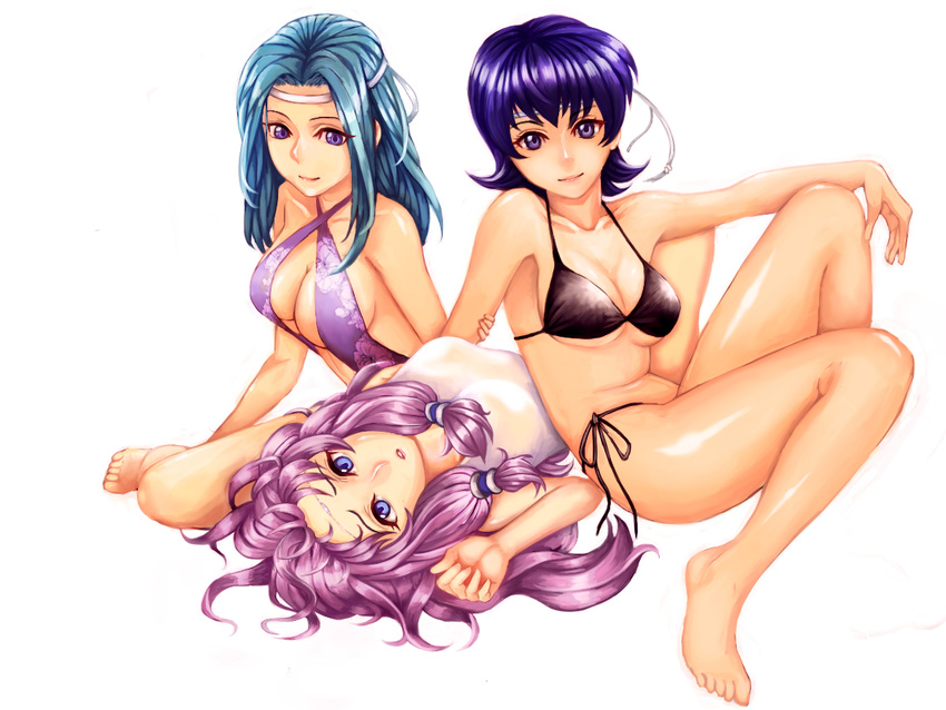 barefoot bikini blue_hair breasts circlet cleavage farina_(fire_emblem) fiora fire_emblem fire_emblem:_rekka_no_ken florina headband long_hair looking_at_viewer medium_breasts multiple_girls one-piece_swimsuit pocari66 purple_eyes purple_hair short_hair siblings side-tie_bikini simple_background sisters swimsuit white_background