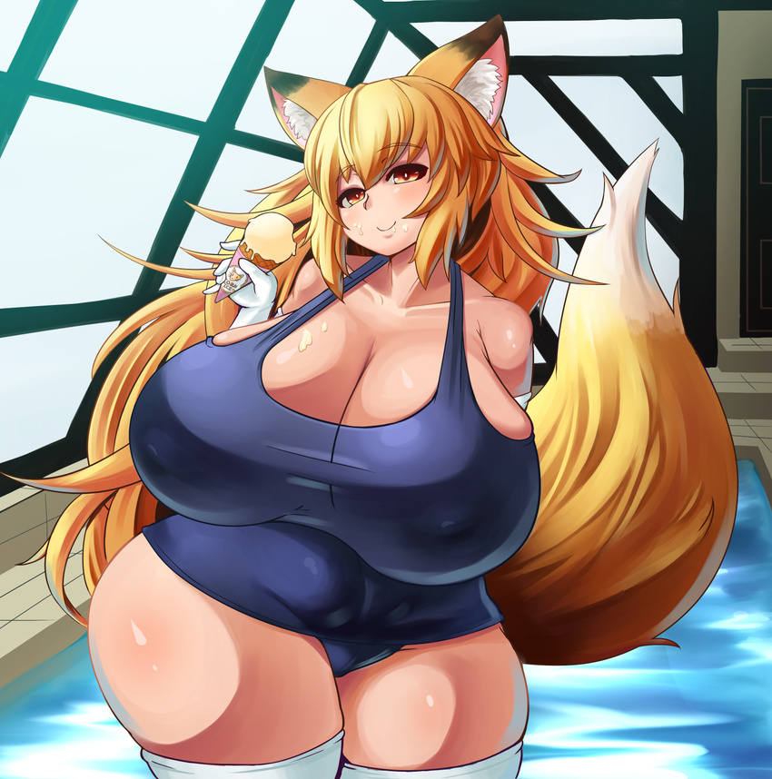1girl animal_ears blonde_hair breasts cleavage erect_nipples fat female food fox_ears fox_tail gigantic_breasts gloves highres ice_cream long_hair obese one-piece_swimsuit pool rei_no_pool sexually_suggestive smile solo standing swimsuit tail thighhighs umigarasu_(magipro) water white_gloves white_legwear white_thighhighs wide_hips yellow_eyes