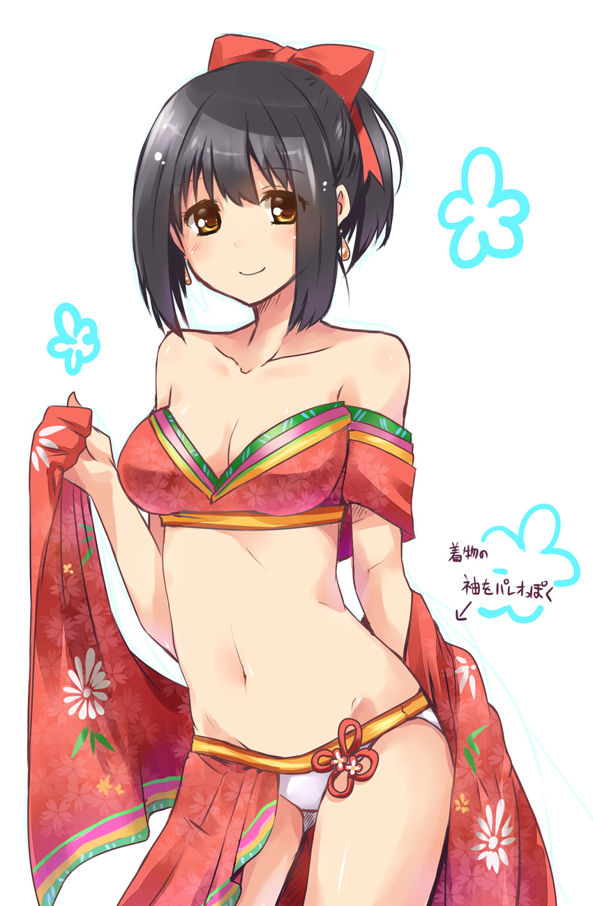 bad_id bad_pixiv_id bare_shoulders black_hair breasts cleavage highres idolmaster idolmaster_cinderella_girls medium_breasts paopao short_hair smile solo takafuji_kako translated yellow_eyes