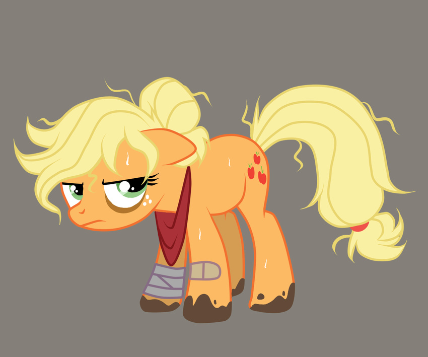 2014 applejack_(mlp) band-aid bandage blonde_hair cutie_mark dennybutt english_text equine female freckles friendship_is_magic green_eyes hair horse mammal messy_hair mud my_little_pony pony scarf solo standing sweat text
