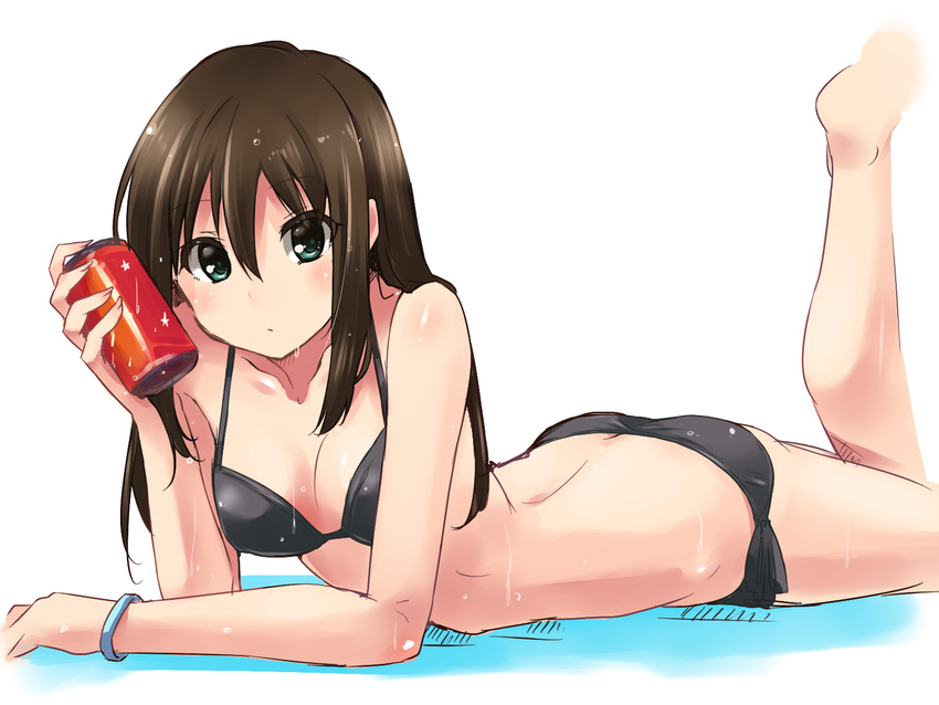 bad_id bad_pixiv_id bikini black_bikini breasts brown_hair can green_eyes highres idolmaster idolmaster_cinderella_girls leg_up long_hair looking_at_viewer lying medium_breasts on_stomach paopao shibuya_rin solo swimsuit