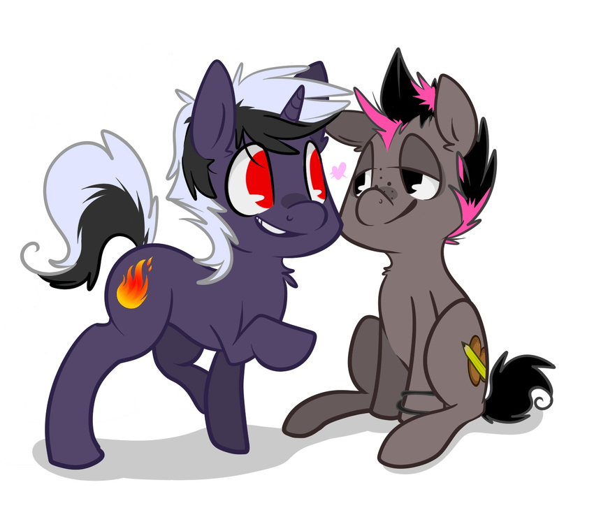 &lt;3 2014 backsash black_eyes cutie_mark duo earth_pony equine feral freckles fur gay hair horn horse male mammal multi-colored_hair my_little_pony original_character plain_background pony red_eyes smile teeth unicorn white_background