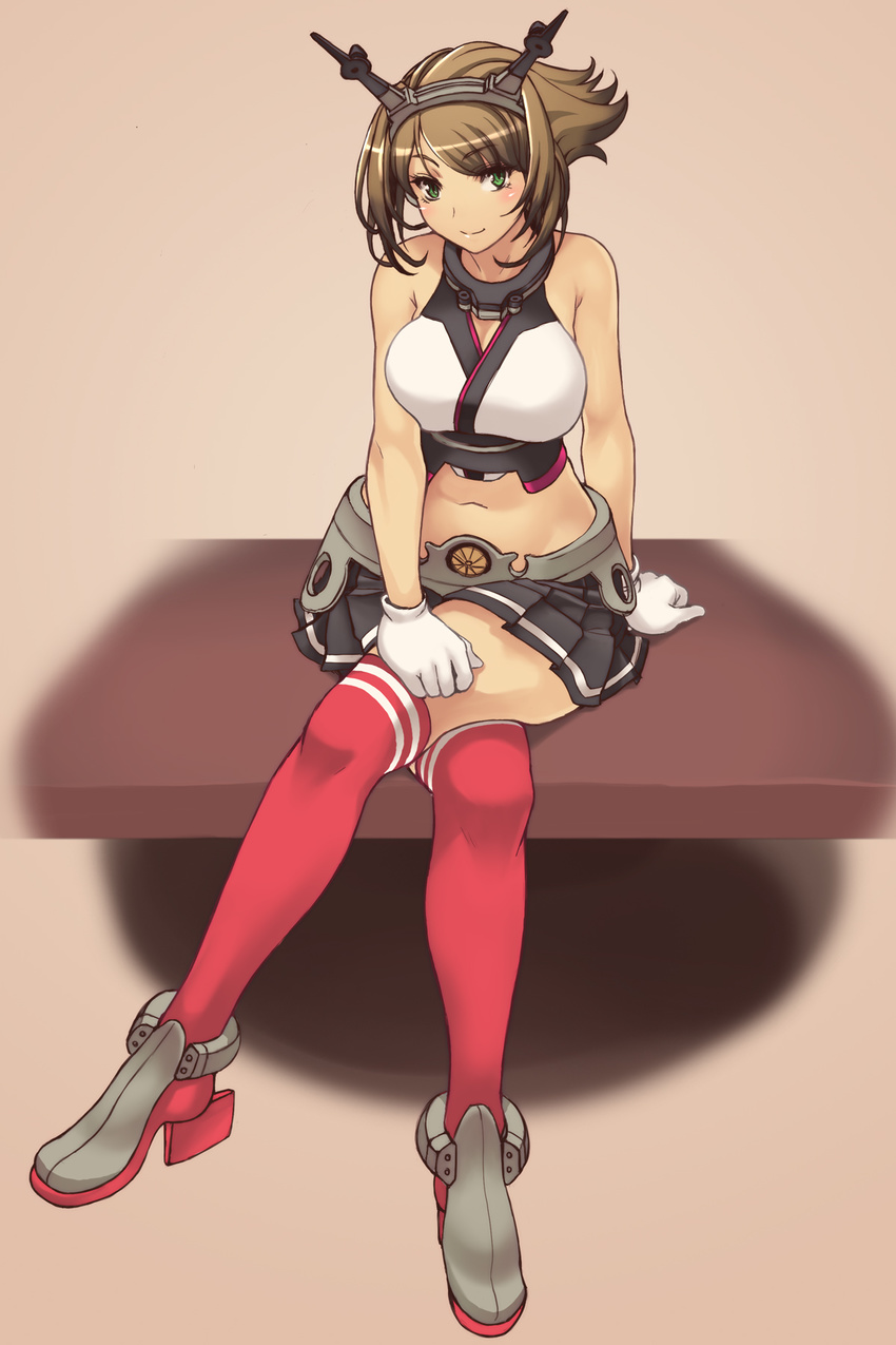 ankle_boots arm_support bare_shoulders bonten_karasu boots breasts brown_background brown_eyes brown_hair crossed_legs full_body gloves grey_skirt hairband headgear high_heel_boots high_heels highres kantai_collection large_breasts looking_at_viewer midriff mutsu_(kantai_collection) navel pleated_skirt red_legwear short_hair sitting skirt smile solo striped striped_legwear thighhighs white_gloves
