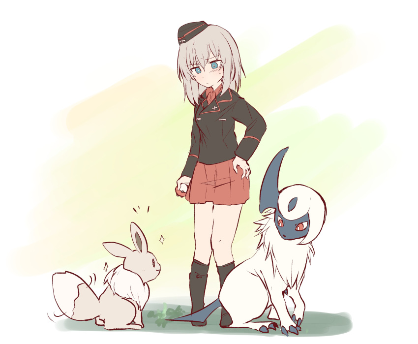 absol absurdres black_footwear black_hat black_jacket blue_eyes boots closed_mouth commentary creatures_(company) crossover dress_shirt eevee emblem game_freak garrison_cap gen_1_pokemon gen_3_pokemon girls_und_panzer hand_on_hip hat highres holding holding_poke_ball itsumi_erika jacket kuromorimine_military_uniform light_blush light_frown long_hair long_sleeves looking_at_another military military_hat military_uniform miluke miniskirt motion_lines nintendo notice_lines pleated_skirt poke_ball pokemon red_shirt red_skirt shirt silver_hair skirt solo sparkle standing uniform white_pupils