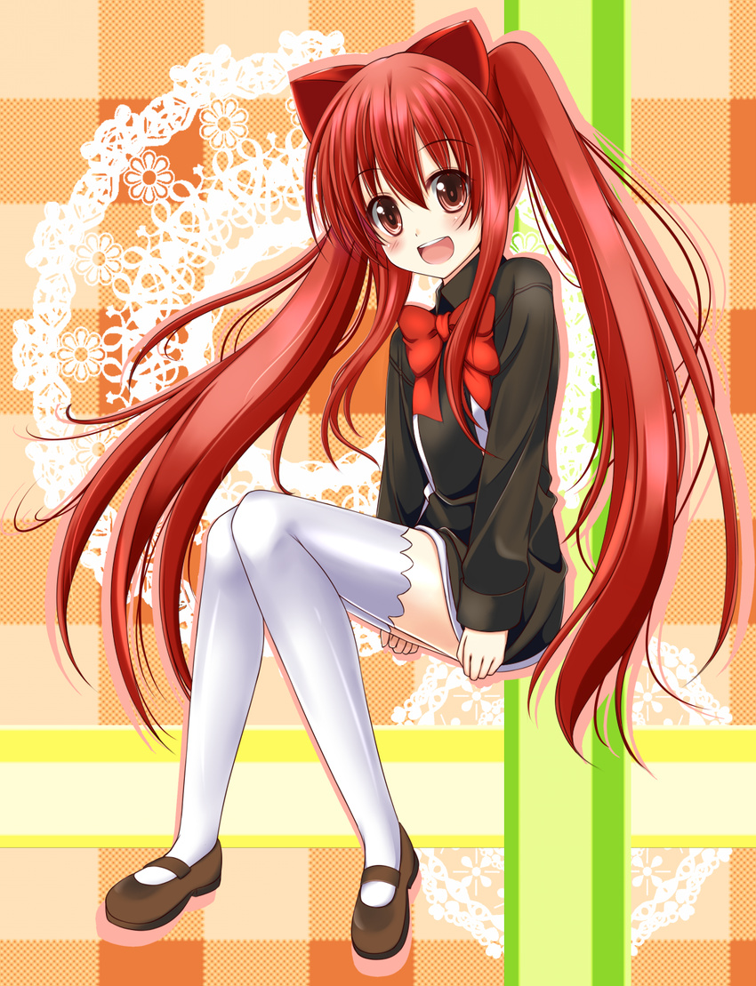 :d aloe_(quiz_magic_academy) eyebrows_visible_through_hair highres long_hair looking_at_viewer mary_janes open_mouth quiz_magic_academy red_eyes red_hair school_uniform shoes sitting smile sogaya solo thighhighs twintails very_long_hair white_legwear zettai_ryouiki