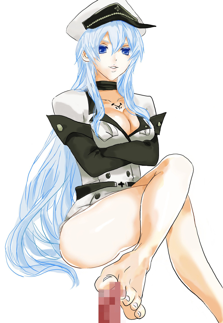 akame_ga_kill! atama_c bad_id bad_pixiv_id barefoot blue_eyes blue_hair breasts censored choker cleavage crossed_arms crossed_legs esdeath footjob gloves hat highres large_breasts long_hair looking_at_viewer military military_uniform mosaic_censoring parted_lips peaked_cap penis sitting smile solo_focus tattoo toes uniform very_long_hair