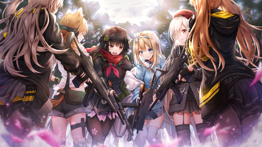 6+girls absurdres animal_ears armband assault_rifle bangs belt beret black_hair black_legwear blonde_hair blue_eyes blue_jacket blue_skirt blush braid breasts brown_hair bushman_idw cat_ears cat_tail cherry_blossom_print closed_mouth coat commentary_request drum_magazine eyebrows_visible_through_hair fingerless_gloves fur-trimmed_jacket fur_trim g36c g36c_(girls_frontline) garter_straps girls_frontline gloves grey_coat grey_hair grey_shorts group gun h&amp;k_ump h&amp;k_ump45 h&amp;k_ump9 hair_between_eyes hair_ornament hair_over_one_eye hairband hairclip hat headphones heckler_&amp;_koch highres hip_vent holding holding_gun holding_weapon hood hooded_jacket idw_(girls_frontline) jacket knee_pads lace-trimmed_legwear large_breasts light_particles long_hair long_sleeves looking_down medium_breasts multiple_girls neckerchief one_side_up open_mouth outdoors pantyhose parted_lips pink_neckwear pleated_skirt red_eyes red_scarf ribbon rifle scarf school_uniform serafuku shawl shirt shorts side_braid sidelocks silver_hair skirt smile snowflake_hair_ornament striped striped_skirt submachine_gun suomi_(girls_frontline) suomi_kp/-31 suomi_kp31_(girls_frontline) suspenders tail thigh_strap thighhighs toki_(toki_ship8) trigger_discipline twintails type_100 type_100_(girls_frontline) ump-45_(girls_frontline) ump-9_(girls_frontline) ump45_(girls_frontline) ump9_(girls_frontline) very_long_hair weapon white_legwear