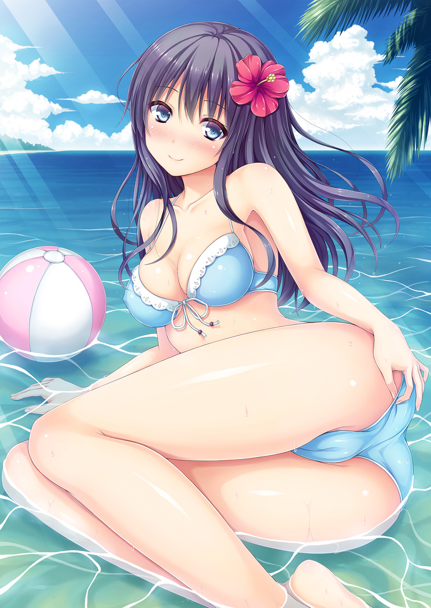 ass bad_id bad_pixiv_id ball bangs bare_arms bare_shoulders beach beachball bikini black_hair blue_eyes blush breasts cameltoe cleavage collarbone covered_nipples day eyebrows_visible_through_hair flower hair_flower hair_ornament hibiscus highres horizon long_hair looking_at_viewer lying medium_breasts nakamura_sumikage ocean on_side original outdoors smile solo swimsuit water