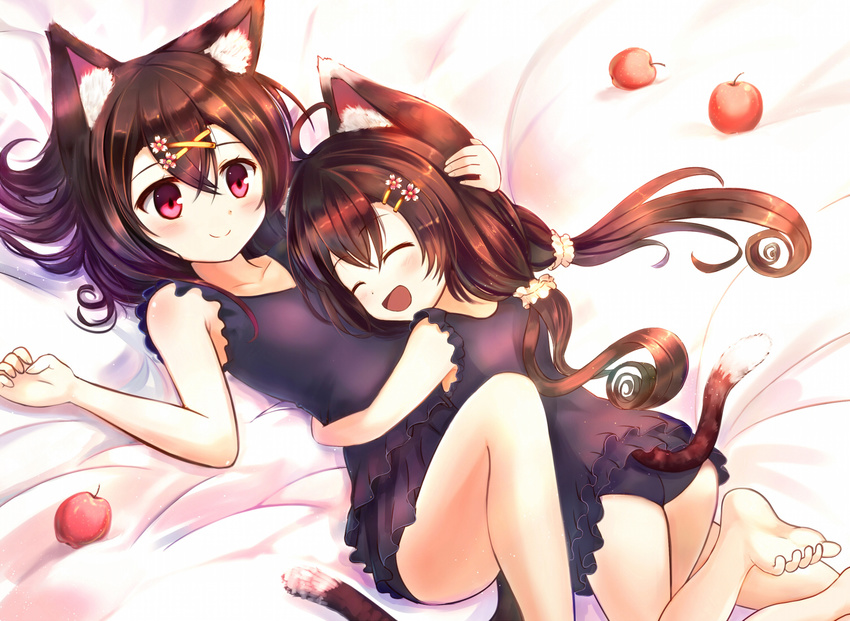 :d ^_^ animal_ears apple barefoot black_hair cat_ears closed_eyes double_flare_skirt_one-piece food frilled_swimsuit frills fruit hair_ornament hairclip hug lying multiple_girls nontraditional_school_swimsuit one-piece_swimsuit open_mouth original red_eyes sakura_ani school_swimsuit smile swimsuit tail