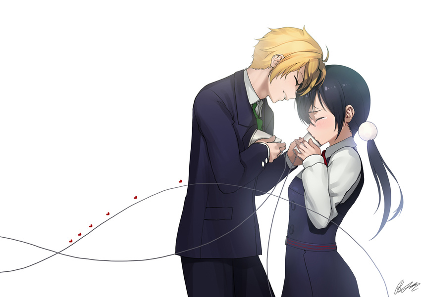 1girl black_hair blonde_hair closed_eyes hetero kitashirakawa_tamako long_hair low_twintails ooji_mochizou rheez school_uniform short_hair string_phone tamako_love_story tamako_market tears twintails