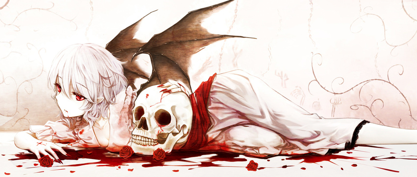 bat_wings blood cloudy.r dress fingernails flower highres long_fingernails lying nail_polish on_back pool_of_blood red_eyes red_flower red_nails red_rose remilia_scarlet rose sash silver_hair skull solo touhou vampire white_dress wings