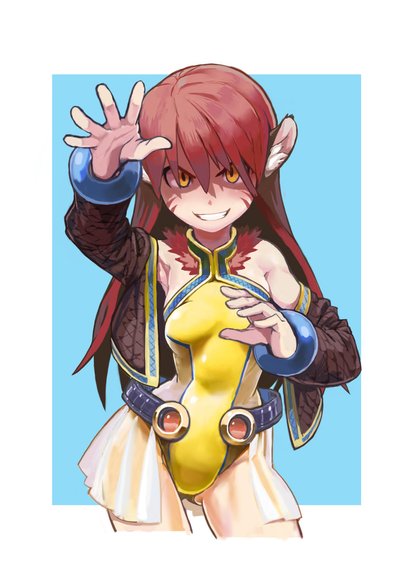 animal_ears bare_shoulders bracelet brown_hair facial_tattoo grin highres jacket jewelry kousaku leotard long_hair looking_at_viewer open_clothes open_jacket pose smile solo tattoo yellow_eyes yellow_leotard