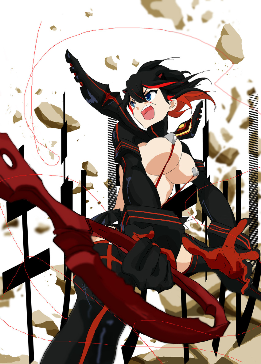 absurdres atama_c bad_id bad_pixiv_id black_hair blue_eyes boots bouncing_breasts breasts debris fighting_stance ground_shatter highres kill_la_kill large_breasts matoi_ryuuko microskirt multicolored_hair open_mouth pleated_skirt red_hair revealing_clothes scissor_blade senketsu short_hair skirt solo sunrise_stance thigh_boots thighhighs two-tone_hair unaligned_breasts underboob weapon