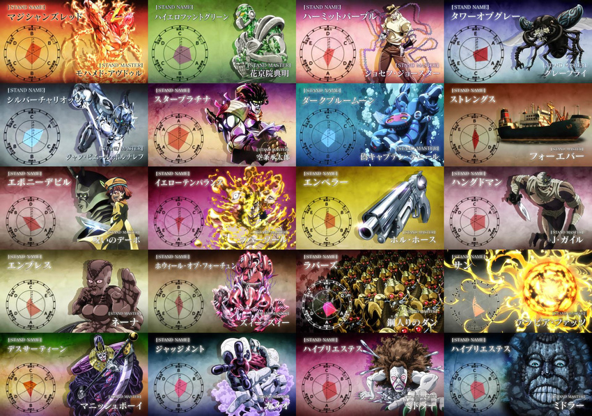 hermit_purple hierophant_green highres jojo_no_kimyou_na_bouken magician's_red magician's_red no_humans screencap silver_chariot stand_(jojo) star_platinum stardust_crusaders