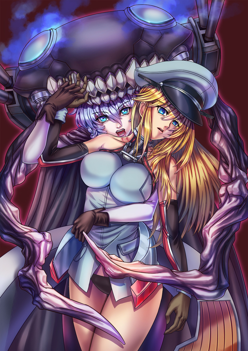 bad_id bad_pixiv_id bismarck_(kantai_collection) bite_mark biting black_panties blonde_hair blood blue_eyes cape detached_sleeves fangs gloves hat highres impossible_clothes kantai_collection long_hair looking_at_viewer military military_hat military_uniform multiple_girls open_mouth panties peaked_cap shinkaisei-kan smarms underwear uniform vampire wo-class_aircraft_carrier