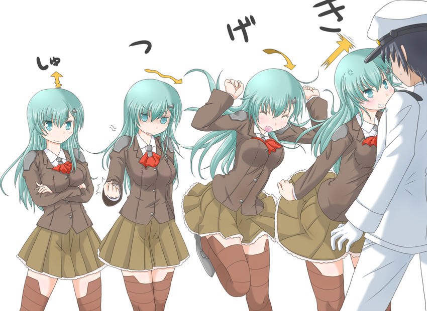 1girl admiral_(kantai_collection) anger_vein aqua_eyes black_hair blush brown_legwear clenched_hand clenched_teeth crossed_arms derivative_work directional_arrow gloves jack_(slaintheva) jitome kantai_collection long_hair military military_uniform school_uniform skirt standing standing_on_one_leg suzuya_(kantai_collection) teeth translated uniform white_background white_gloves