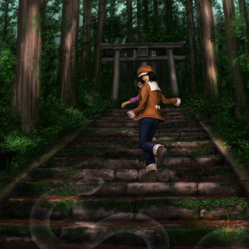 artist_name bakemonogatari boots denim ebi_(eeotoko) forest from_behind hat highres jacket jacket_on_shoulders jeans looking_at_viewer looking_back monogatari_(series) nature pants sengoku_nadeko short_hair signature snake solo stairs stone_torii torii tree