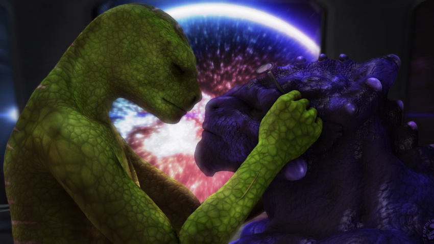 3d alien anthro blue_body butt cgi couple duo eyes_closed eyewear gay glasses green_body imminent_kiss lizardian love male muscles romantic scales scalie space stormtrooper topless
