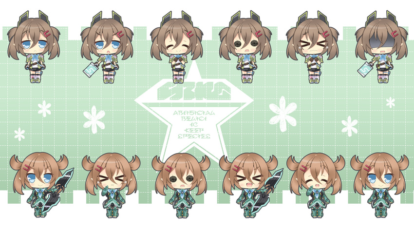 &gt;_&lt; :&lt; :d :x blue_eyes brown_hair chibi closed_eyes hair_ornament hairclip highres holding looking_at_viewer milkpanda multiple_girls open_mouth patty_(pso2) phantasy_star phantasy_star_online_2 shaded_face smile sword tears tiea twintails wavy_mouth weapon xd