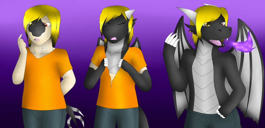 black_dragon claws clothed clothing darkrainbowdragon dragon hair human koekoek19 male mammal mark_de_drak pants scalie shirt transformation wings