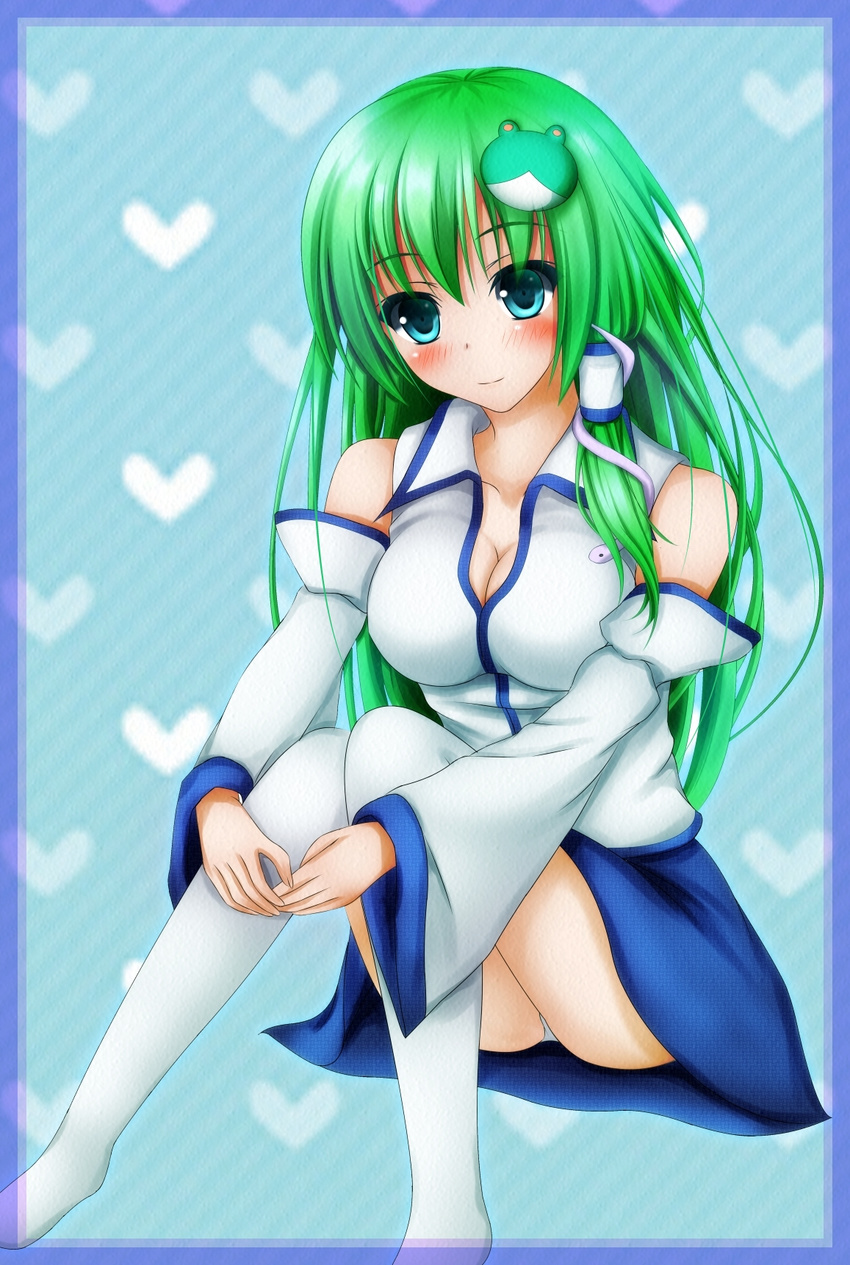 blue_background blue_border blue_eyes blush border breasts cleavage collarbone detached_sleeves facing_viewer frog_hair_ornament green_hair hair_ornament heart highres impossible_clothes impossible_shirt knees_together_feet_apart kochiya_sanae large_breasts panties pantyshot pantyshot_(sitting) patterned_background shirt sitting skirt snake_hair_ornament solo tapisuke thighhighs touhou underwear white_legwear white_panties