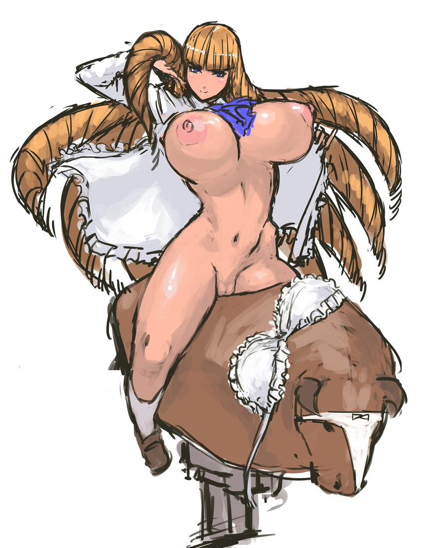 absurdres areolae bangs big_hair blonde_hair blue_eyes blunt_bangs blush bottomless bouncing_breasts bra bra_removed breasts dress highres huge_breasts huge_nipples large_areolae long_hair mechanical_bull nameo_(judgemasterkou) nipples object_on_head ojou_(nameo) open_clothes open_dress original panties panties_on_head panties_removed pussy riding ringlets smile socks solo unaligned_breasts underwear very_long_hair