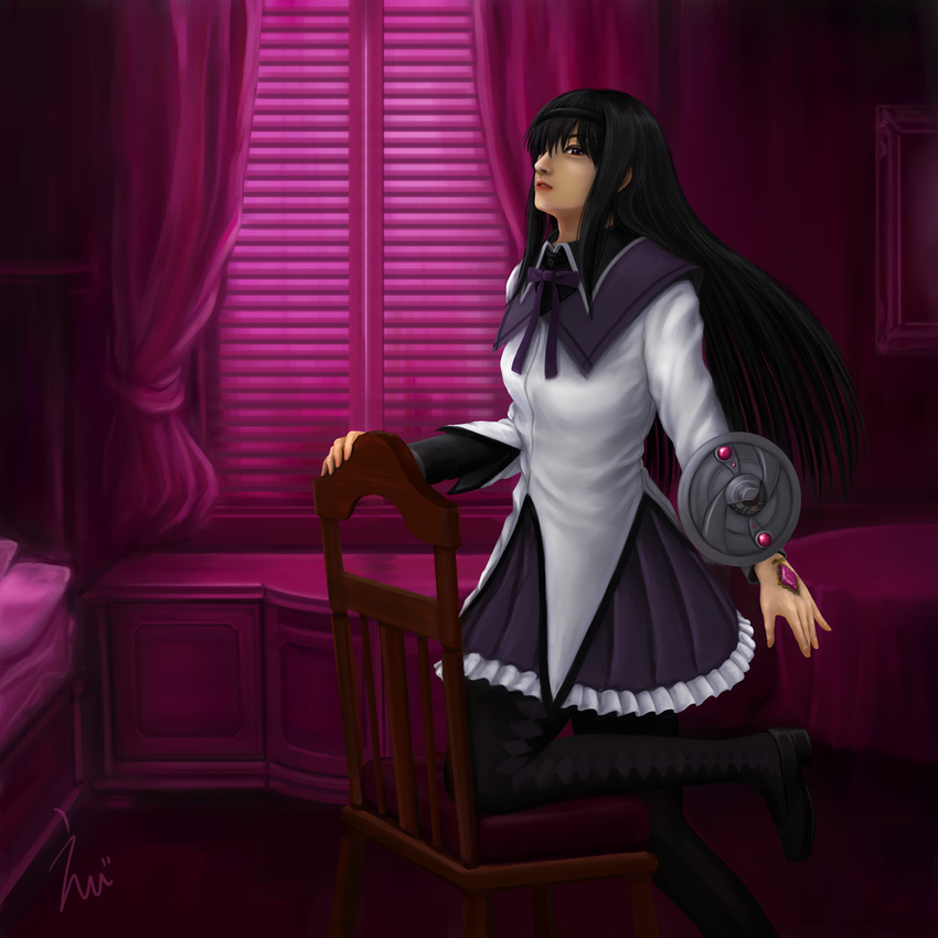 akemi_homura artist_name bed black_hair chair curtains ebi_(eeotoko) highres magical_girl mahou_shoujo_madoka_magica pantyhose picture_frame ribbon signature solo soul_gem window