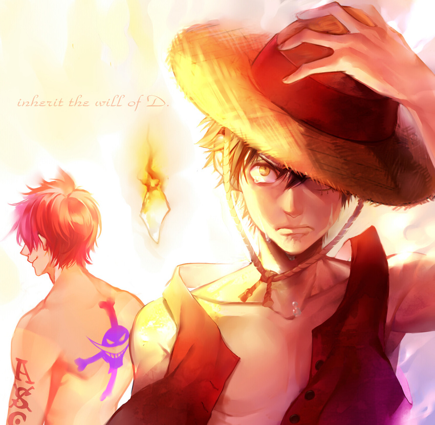 2boys brothers crying hand_on_hat hand_on_headwear hat hat_over_one_eye jolly_roger monkey_d_luffy multiple_boys one_piece open_clothes open_shirt paper portgas_d_ace red_vest shirt siblings stampede_string straw_hat tattoo tears topless vest